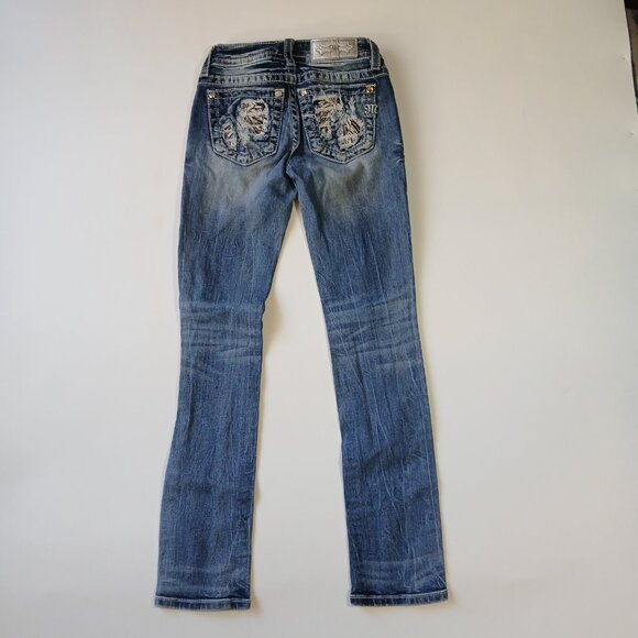 Miss Me Signature Straight Leg Jeans Size 24 Distressed Rhinestone Sequin Pocket - Picture 11 of 16